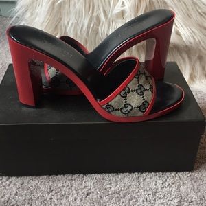 Red Gucci Sandals With Classic Black Gucci Canvas